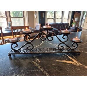 Wrought Iron 5 Cup Tea Light Candelabra Hammered Metal Scroll Centerpiece Black